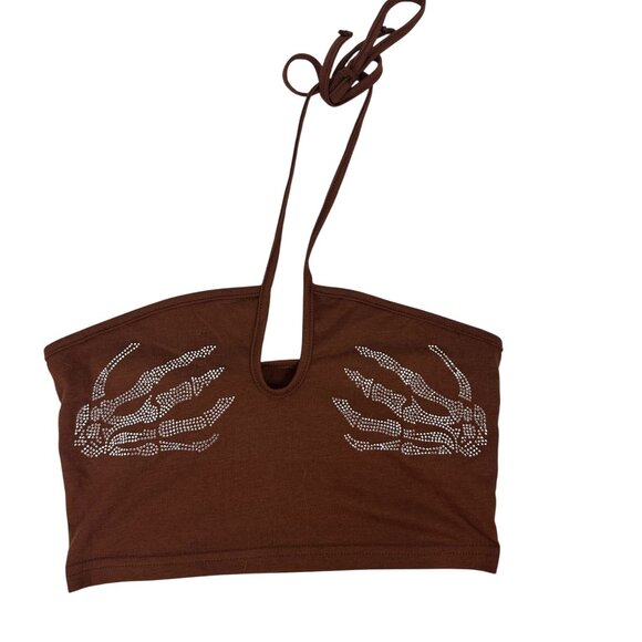 Brown Shein Halter Crop Top With Rhinestone Skeleton Hand Design Size XS - Picture 1 of 5